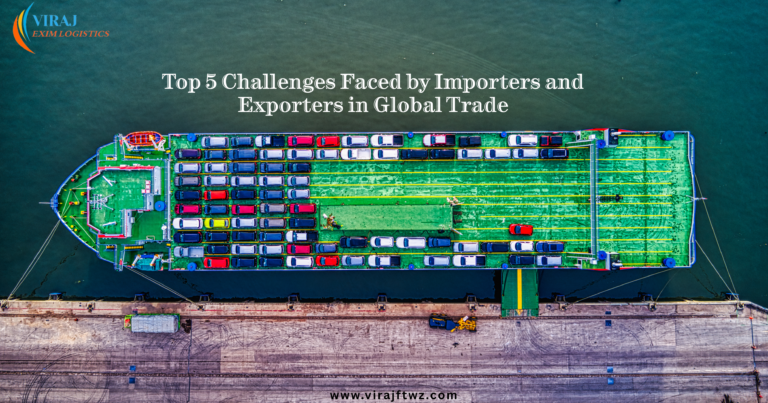 Aerial view of a cargo ship with cars, symbolizing global trade challenges by Viraj Exim Logistics with text "Top 5 Challenges Faced by Importers and Exporters in Global Trade"