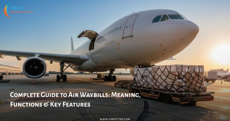 Air cargo being loaded onto a commercial aircraft at sunrise, representing international air freight operations. Text overlay reads “Complete Guide to Air Waybills: Meaning, Functions & Key Features” with Viraj Exim Logistics logo