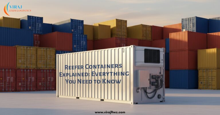 Reefer container placed in front of colorful stacked shipping containers at a port, with the text ‘Reefer Containers Explained: Everything You Need to Know’ and Viraj Exim Logistics logo on top.