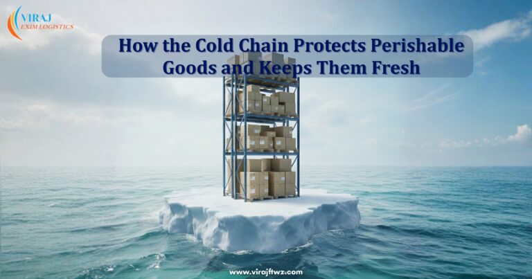 Cold chain logistics concept showing temperature-controlled storage boxes on ice, illustrating how perishable goods stay fresh during transport.