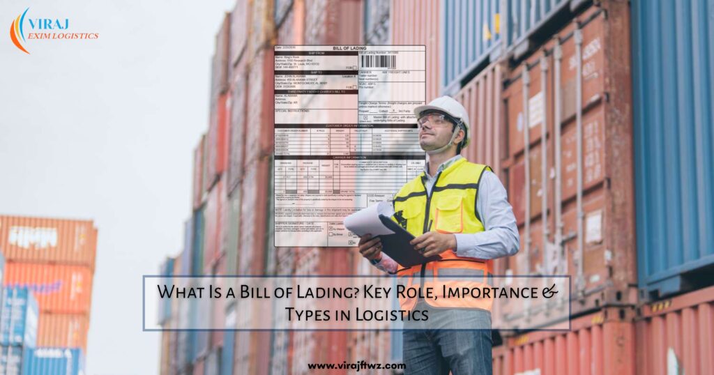 Logistics worker with documents standing near shipping containers, with a bill of lading form overlay.