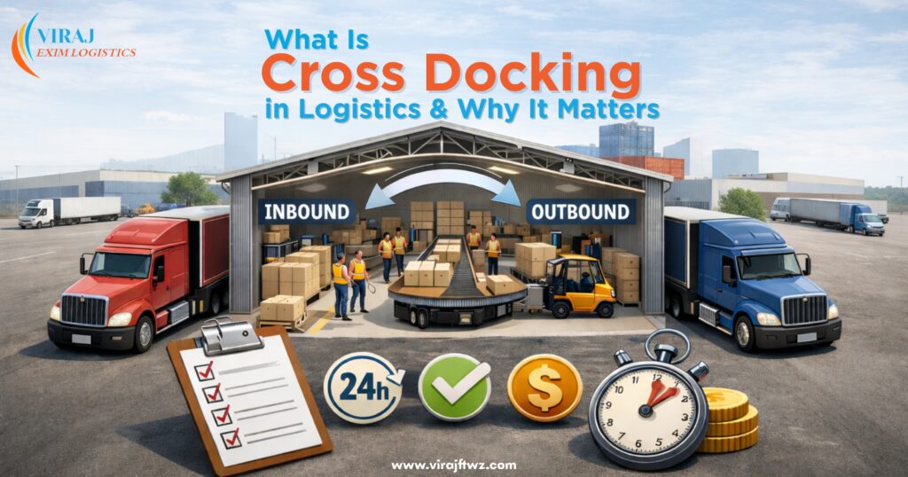 Cross docking in logistics illustration showing inbound and outbound trucks transferring goods through a distribution center, highlighting faster delivery, reduced storage costs, time efficiency, and supply chain optimization.